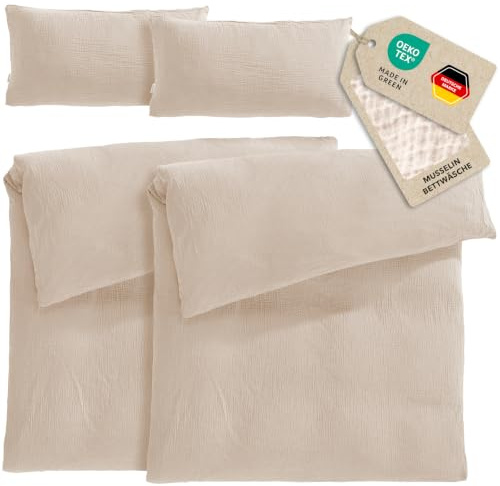 Pure Label Musselin Bettwäsche 4tlg 2x155x220+2x40x80 - Beige | Traumhaft weiche, kuschelige Bettwäsche-Sets aus Musselin - 40° Waschbar