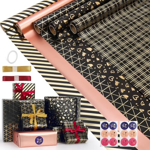 5 Rollen Geschenkpapier Set, Euakee 43cm x 300cm farbenfrohes Wrappingpapier, Geschenkpapier für Weihnachten Geburtstag Hochzeit Thanksgiving Geburtstagsgeschenk Valentinstag 2
