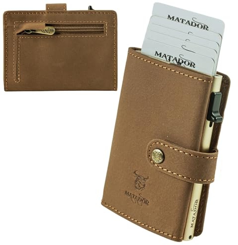 MATADOR Slim Wallet Miami – Leder Kreditkartenetui mit POP-UP Kartenhalter - mit RFID-Schutz & Münzfach - Mini Portemonnaie – kleine Geldbörse Männer mit Geschenk-Box Hell Braun