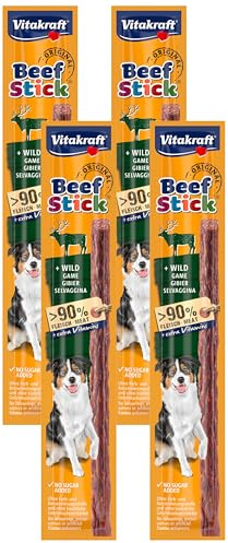 Vitakraft Beef Stick Wild, Hundeleckerli mit Wild, Fleischstick zum Belohnen, extra hoher Fleischanteil, Hundesnack, ohne Zusatz von Zucker (1x 12g) (Packung mit 4)
