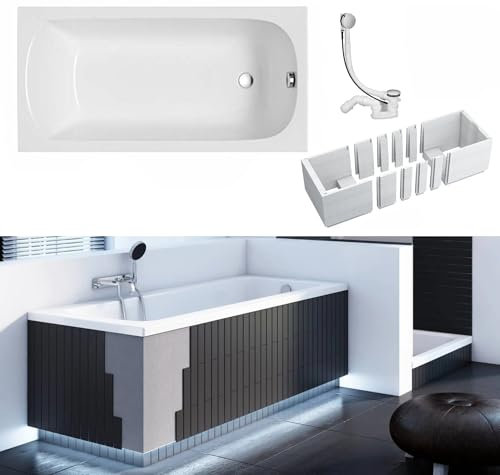 VBChome Badewanne 130 x 70 cm Weiß Acryl Wannenträger Platz für LED-Beleuchtung Styroporträger Siphon Wanne Rechteck Design Modern Ablaufgarnitur in Chrom