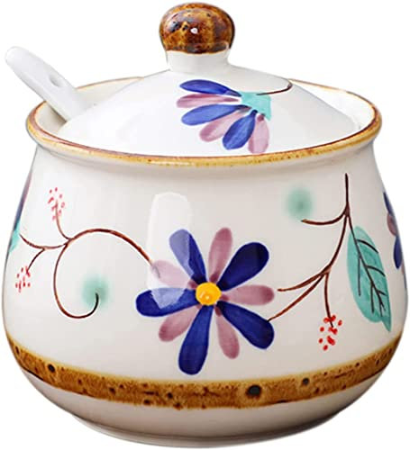Zuccheriera in ceramica con coperchio, motivo disegnato a mano, in porcellana, zuccheriera per caffè, bar, ristorante, blu, 500 ml