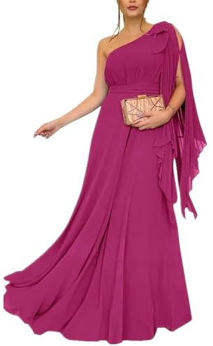 SAYNO Vestido de dama de honor de gasa con un hombro descubierto, largo, plisado, vestido de invitada de boda con lazo, fucsia, 46