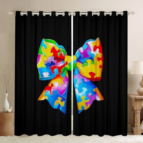 Manfei Puzzle Bowknot Kids Blackout Curtain,Building Blocks Cartoon Bow Tie Window Drapes for Boys Girls,Geometric Gaming Bricks Patch Black Window Treatments Grommet Top 2 Panel Set,52Wx96L inch