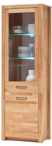 Lomadox Wohnzimmer Vitrine Vitrinenschrank, Türanschlag rechts, mit LED-Beleuchtung, Kernbuche massiv geölt, Echtholz/Massivholz