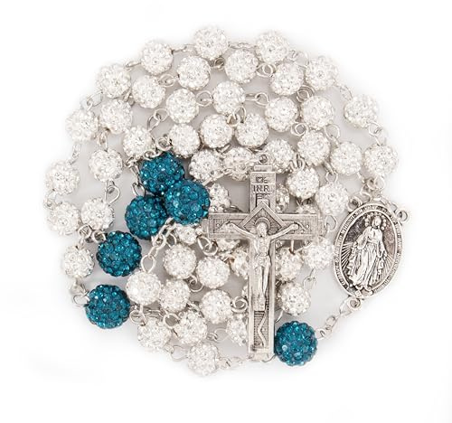 Nazareth Store Chapelet catholique en perles de cristal avec médaille miraculeuse en argent, crucifix INRI, chapelet multicolore dans un coffret cadeau