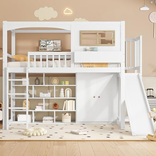 Kebnor Etagenbett, Kinderbett, mit Fallschutzgitter, mit Kinderrutsche und Kleiderschrank, Reichlich Stauraum, Mit vierstufiger Leiter, Kiefer+MDF+Sperrholz, Weiß, 90x200cm