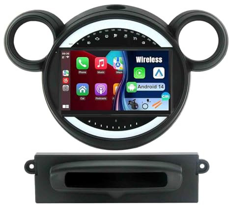 Android 14 Radio de Coche 9 Pulgadas Pantalla Táctil 2 DIN para BMW Mini 2010-2016 con Carplay Inalámbrico Android Auto Bluetooth GPS FM WiFi USB Apoyo Mandos Volante+AHD Cámara(U2(2+32))