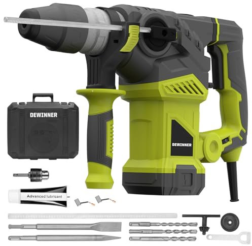 DEWINNER 1500W SDS Plus Rotary Hammer Drill, 3 Mode, Vibration Control & Safety Clutch, 360° Auxiliary Handle for Concrete Drilling & Demolition, 3 Drill Bits, Flat/Point Chisels & Carry Case (DWT001)