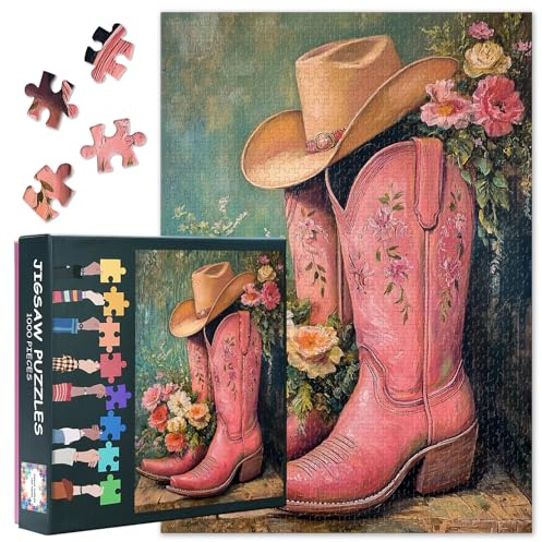 Adult Jigsaw Puzzles 1000 Pieces, Pink Cowboy Boots 1000 Piece Puzzle for Adults, Boots Jigsaw Puzzles 1000 Pieces, Games Challenging Puzzle Finished Size 50x70cm