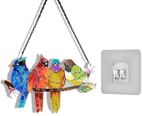 Bird Stained Glass Window Hangings, Colorful Stained Glass Birds on Branch Decor Hanging Ornament Bird Suncatchers with Wrapping Paper for Indoor Home Office (Birds on Branch)