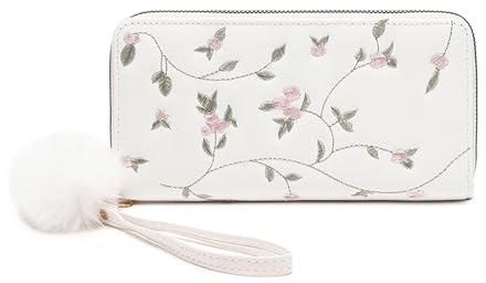 FOSDICK Geldbörse Damen Glattem und Weichem, Geldbeutel Damen Groß, Blumen Damens Portemonnaie mit Handschlaufe ReißVerschluss für Freizeit und Business