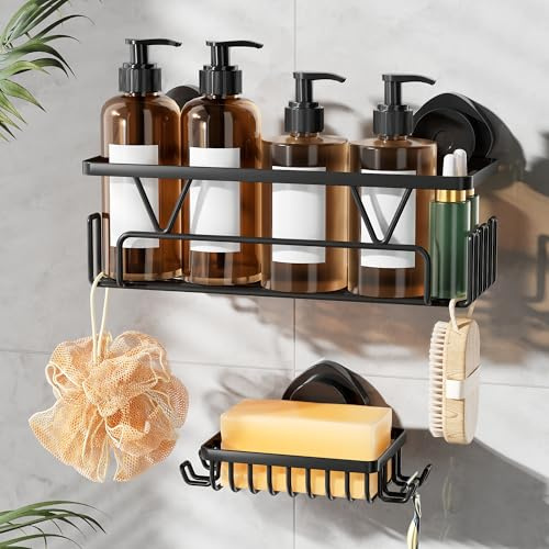 KEGII Suction Cup Shower Caddy with Soap Holder - 2-Piece Bathroom Storage Organiser, Strong Sticky Suction, Multi-Purpose Hook Design, Matte Black, for Bathroom Kitchen Laundry
