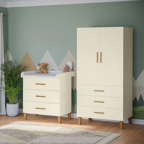 Bellabino Liri Kinderzimmer Set – 2-teiliges Babyzimmer Set mit Kinderkleiderschrank & Wickelkommode in Beige/Natur – Wickeltisch mit abnehmbaren Wickelaufsatz & Kleiderschrank für Kinderzimmer