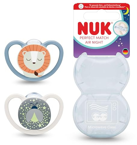 NUK Perfect Match Air Night Baby Dummy | 6-18 månader | Lyser i mörkret nappar som främjar luftflödet och förhindrar droolutslag | 95% babyacceptans** | Lejon | 2 stycken