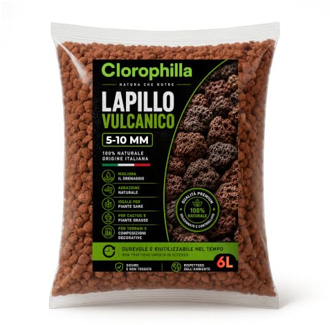 CLOROPHILLA Lapillo vulcanico per piante 5/10 mm, migliora drenaggio e composizione del substrato, Ideale per bonsai, piante Grasse e giardino - Made in Italy (6 Litri)