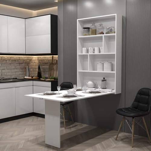 FURNIPOL ABI Wall Table – Space-Saving Fold-Down Wall Mounted Dining Table Worktop Dimensions 130×80×73 cm – Modern Small Space Furniture – White