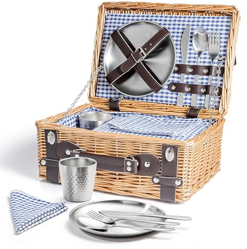 Weiden-Picknickkorb für 2 Personen, Weidenkorb mit Wasserfester Picknickdecke und Besteckset, Picknickkorb für Camping, Outdoor, Valentinstag, Weihnachten, Geburtstag, Hochzeit