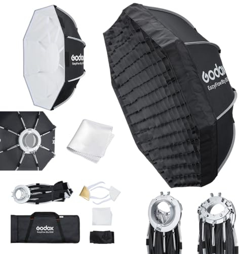 Godox EazyFlow Bty 65W Hopfällbar Beauty Dish Softbox 65 cm med Snabbfäste, Oktagon Ljusformare med Vit Insida, Bowens-fäste, Raster och Deflektorkoner för Porträtt- och Studiofotografering