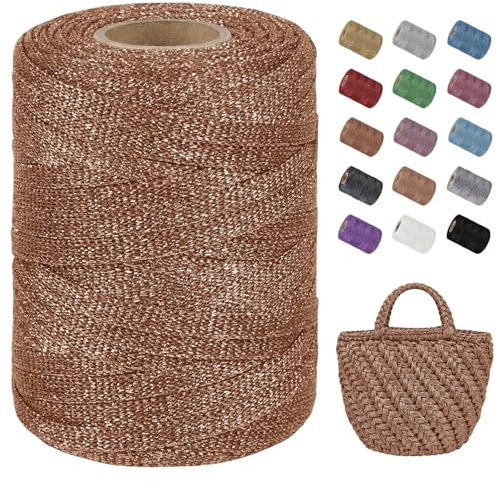 Uiopa Fettuccia Metallico per Borse a Uncinetto, 6mm x 80m Filo Uncinetto Glitter in Poliestere, Filo Macrame Cordoncino per Borse, Cestini, Decorazioni, Artigianato (Bronzo)