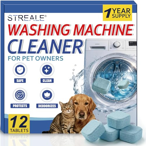 STREALE Lot de 12 pastilles nettoyantes pour machine à laver - Nettoyage en profondeur et détartrant - Élimine les poils de chat et de chien - Élimine les odeurs et les résidus de lessive