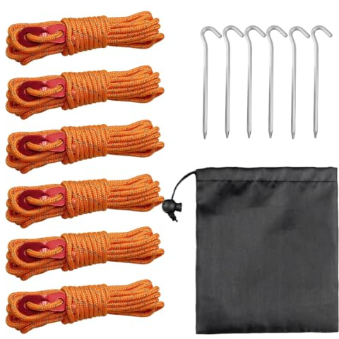 YSDINK Kit med 6 reflekterande tältlinor med spännare (4 mm x 4 m per rulle) och 6 aluminiumspetsar, förstärkta höjdremmar för camping, vandring, husvagn och tält (orange)