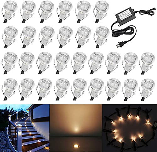QACA 0.7 Tiny Warm White LED Deck Light Kit, Stainless Steel Waterproof Recessed Wood Decking Stairs Garden Yard Patio Decor Lamp Low Voltage Outdoor LED Lighting, Pack of 30