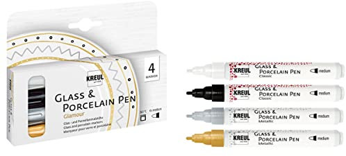 KREUL 16431 - Glass & Porcelain Pen Glamour medium, 4 Farben im Set, formstabile Spitze, Strichstärke ca. 2 - 4 mm, deckende Glas- und Porzellanmalfarbe auf Wasserbasis, bunt