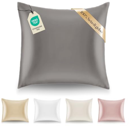 Kissenbezüge Seide - 60x60 cm - Gewicht 19 Momme 100% Reine Maulbeerseide Doppelseitig - Seidenkissenbezug für Haar und Haut, Anti-Aging, Anti-Bettwanzen - Silber Grau | Oeko-Tex zertifiziert · mit Reißverschluss · Kissenbezug Seide · 100% Maulbeerseide · 19 Momme · für Haare & Haut