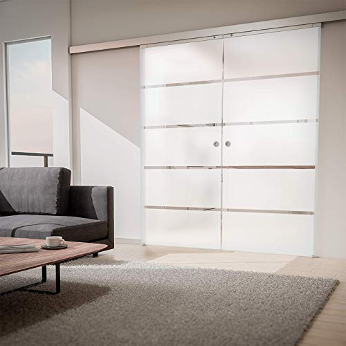 inova Doppel Glas-Schiebetür 2-Flügelig 1760 x 2035 mm Blockstreifen Alu Komplettset mit Lauf-Schiene und Griffmuschel beidseitiger Softclose