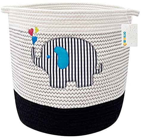 OYHOMO Baumwolle Aufbewahrungskorb Baby Geflochten Wäschekorb Kinderzimmer Spielzeug Korb Elefant Baumwollseilkorb Groß mit Griff 34 x 35 x 30CM, Schwarz