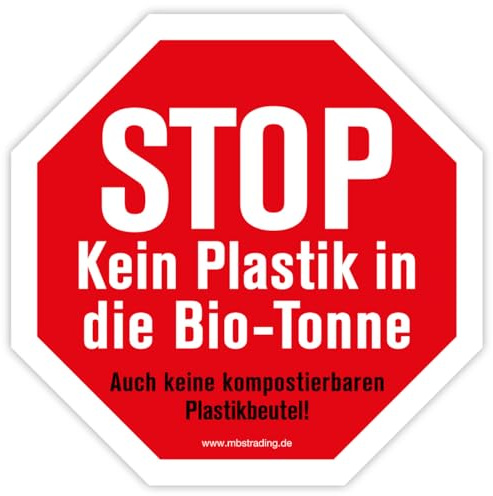 Aufkleber Warnhinweis „STOP Kein Plastik in die Bio-Tonne“ Hinweis Mülltrennung Recycling Oktagon, rot | 5-30 cm, Größe: 30x30 cm