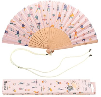 Fisura - Original handheld folding fan with pattern .wooden fan. Original holding Hand Fans. Birthday Gifts Wedding Party Decoration. Fan with hanger included (Yoga, pink)