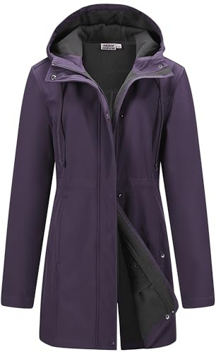 Outdoor Ventures Womens Waterproof Softshell Jacket Long Hooded Windbreaker | Fleece lined, Windproof, 2-Way Zipper, 4 Pockets, Adjustable Waist, Warm, Breathable, for Outdoor Hiking Walking
