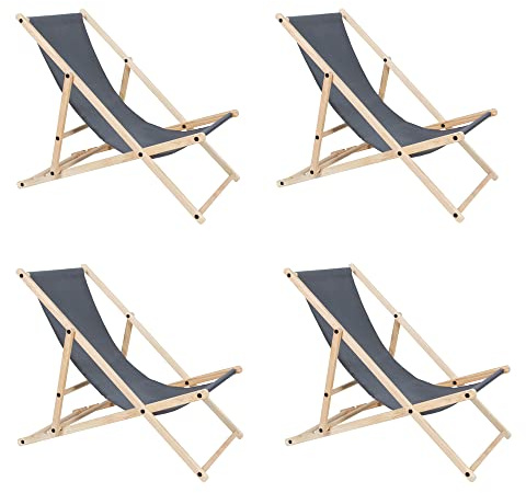 Randaco 4er Set Liegestuhl aus Holz Klappbar, Gartenliege Strandstuhl, Faltbar Sonnenliege, 3-Fach Verstellbare Rückenlehne Klappliegestuhl Relaxliege, Strandliege, 120 kg belastbar - Grau