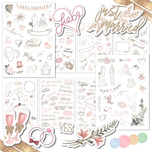 WEDDLYN® – Sticker für die Hochzeit – 180 Aufkleber für Hochzeitsgästebuch – inspirierende Motive – perfektes Sticker Set für Fotoalbum Hochzeit - farbintensiv mit Glitzer Sticker (rosa)