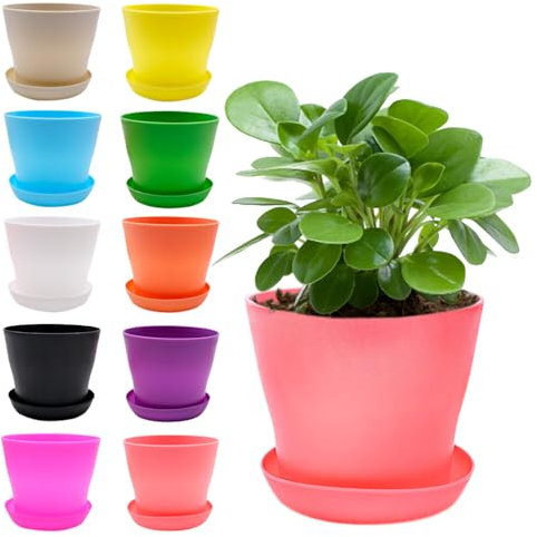 inheming 10Pcs 4 Small Plant Pots and Saucers Colorful Plastic Flower Pots Indoor,Mini Flower Seedling Nursery Pots with Pallet/Trays for Office House Desk,10 Colors