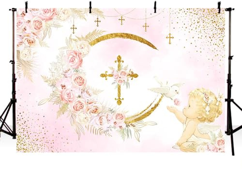 MEHOFOND Fondo de bautismo con cruz dorada, flores rosas, pastel, baby shower, bautizo, decoración de mesa, primera comunión, bautizo, fotografía, accesorios para fotos
