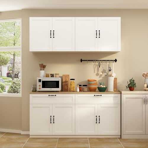 Armoire de cuisine avec étagères réglables - Buffet de cuisine - Blanc + plan de travail en chêne - Armoire de cuisine avec 2 tiroirs et 4 armoires - 160 x 32 x 60 cm et 160 x 44 x 80 cm - MDF
