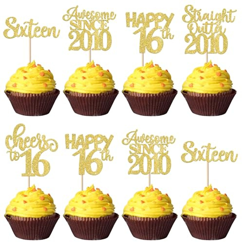 SYKYCTCY 30 Pack Happy 16th Birthday Cupcake Toppers Glitter Straight Outta 2010 Sixteen Awesome Since 2010 Cupcake Picks 16 Fabulous Cake Decorations for 16th Birthday Wedding Party Gold