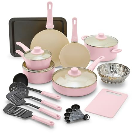 GreenLife Soft Grip - Juego de ollas antiadherentes de cerámica saludable de 18 piezas y sartenes para saltear, sin PFAS con utensilios de cocina y tapa, apto para lavavajillas, rosa suave
