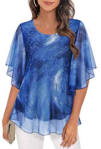 Syphiby Ladies Tunic Tops 3/4 Sleeve Double Layered Elegant Floral Chiffon Blouses for Women UK Summer & Fall Wear