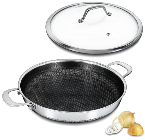 Bakoniion Hybrid Nonstick Skillet with Lid 13 Inch, Stainless Steel Paella Pan with Two Handles Multi-Functional Pan Dishwasher and Oven Safe