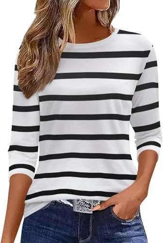 Arevill Damen T-Shirts 3/4 Ärmel Rundhals Basic Casual Oberteile Gestreifte/einfarbig/Drucken Shirts