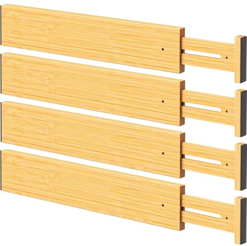 Bamboo Drawer Dividers, Adjustable Kitchen Drawer Organizer for Clothes,17-22 Expandable Drawer Organization Separators for Bedroom,Bathroom,Dresser and Office,4-Pack