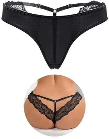 ohmydear Womens Lace Thongs Plus Size French Knickers Sexy Cheeky Panties | UK 8-22,Soft Milk Silk,Adjustable Fit,Breathable Cotton Crotch Tangas,T Back,V-Back Thong,Low Waist Briefs,Lingerie Underwear