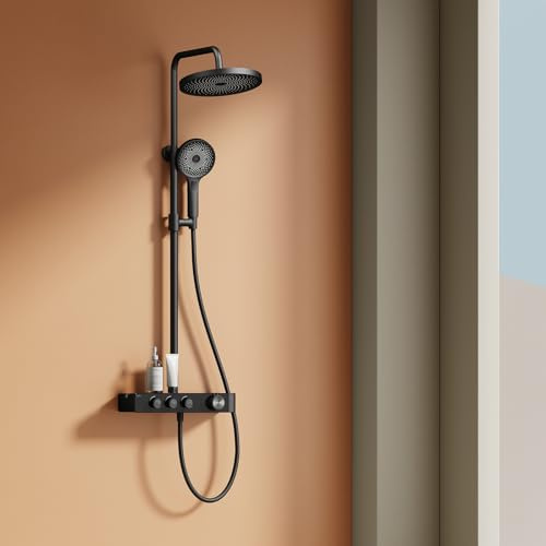 EMKE Termostatisk duschpelare – svart, innovativ flödesjustering, dusch med regneffekt, 26 cm, handdusch med 3 strålar, duschstång och rör, duschsystem