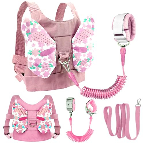 MTOMUYA Anti Lost Toddler Harness - Butterfly Baby Leash and Wrist Link with Lock, Child Walking Harness Assistant for Girls, Cute Traction Safety Leash for Kids, Holiday Travel Christmas Gift, Pink
