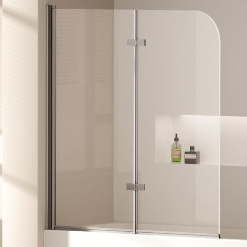 EMKE Paroi de douche pour baignoire 120x140 cm, pare-baignoire pliant 2 parties, paroi de baignoire en verre de sécurité 6 mm, séparation de douche pour baignoire,Facile à Nettoyer