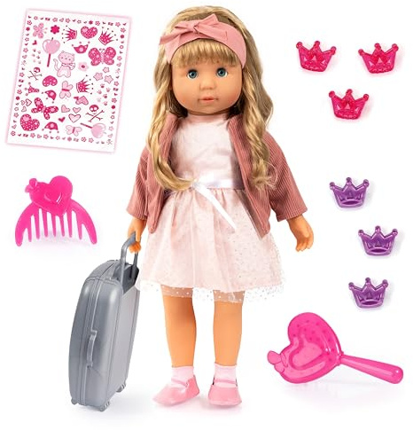 Bayer Design 94634AT Charlene Puppe interaktiv mit Haaren, lacht, mit Küsschengeräusch, Funktionspupe, weicher Körper, Schlafaugen, Zubehör, 46 cm, Rosa